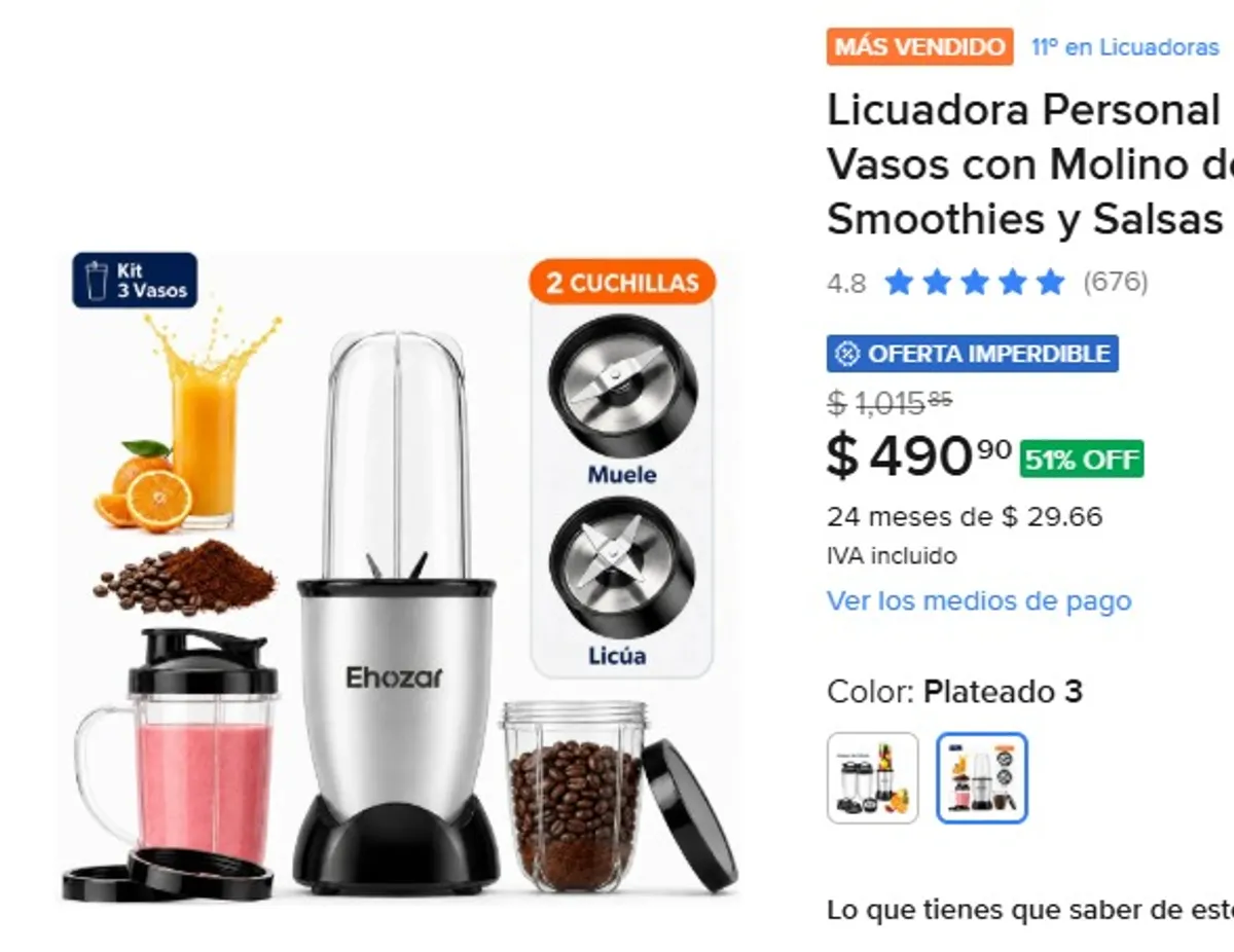 Licuadora Personal Kit Completo 3 Vasos con Molino de Café Para Smoothies y Salsas Plateada