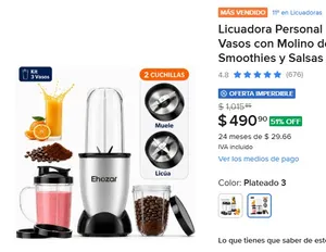 Licuadora Personal Kit Completo 3 Vasos con Molino de Café Para Smoothies y Salsas Plateada