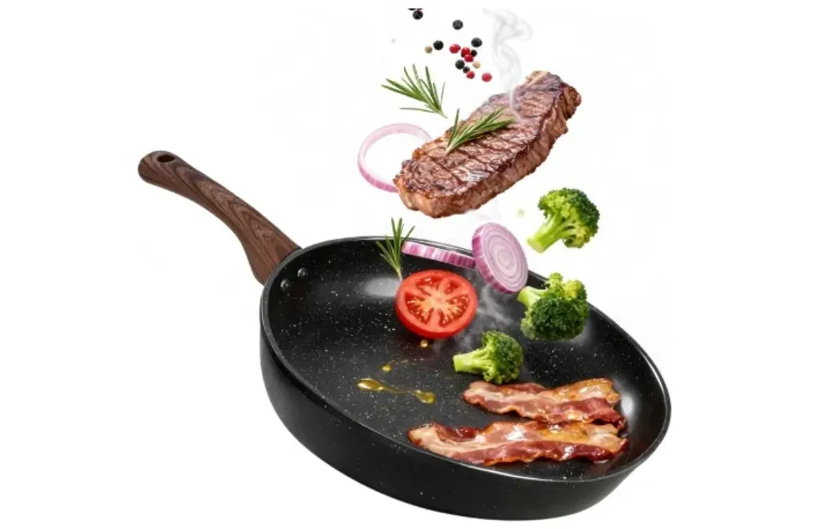 NOVRY Sartenes Antiadherentes, Sartén de Chef de Piedra de Granito, Sartenes para Freír con Mango Resistente al Calor, Batería de Cocina, 2mm de Grosor Reforzado (Negro, 20CM)