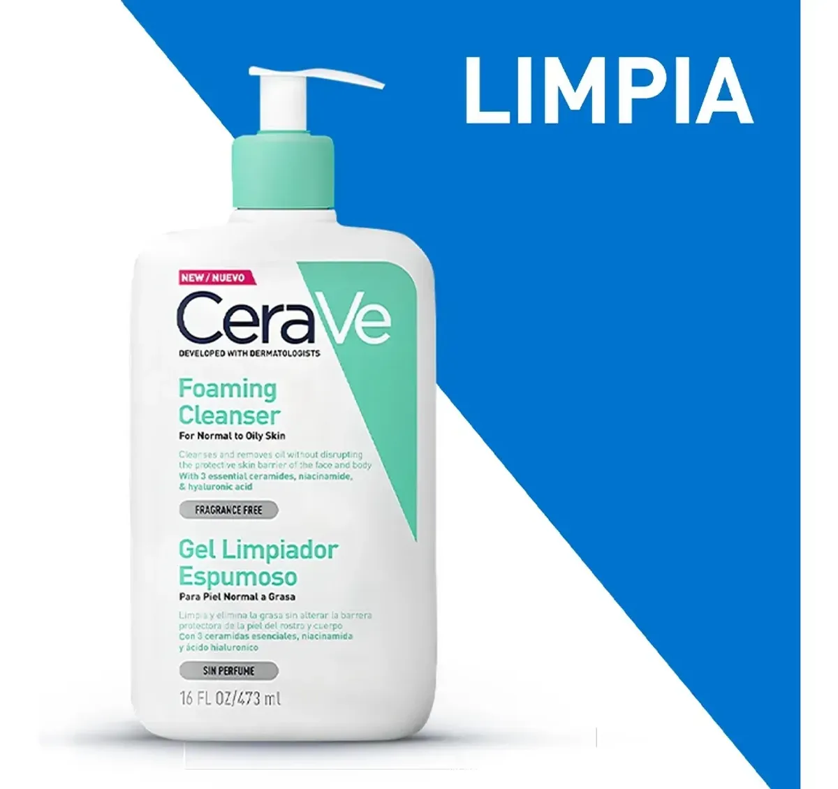 CeraVe Gel Limpiador Espumoso facial para Piel Mixta a Grasa 473 ml