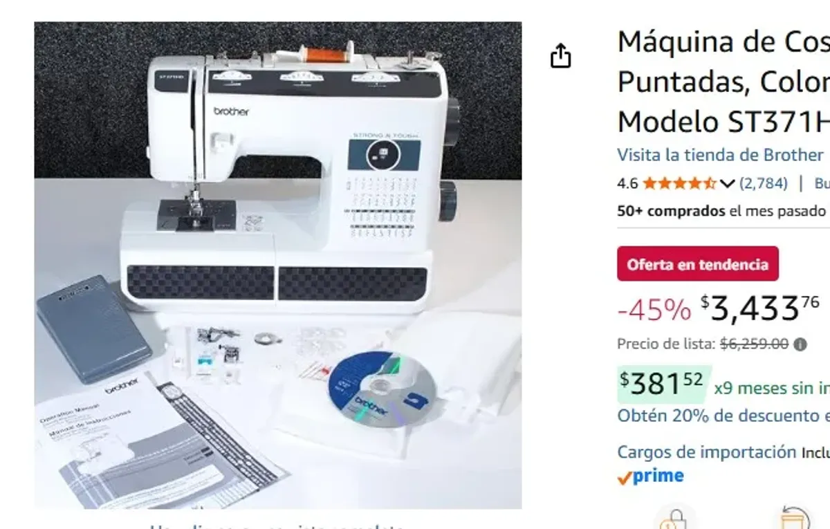 Máquina de Coser Brother, 37 Puntadas, Color Blanco con Negro, Modelo ST371HD