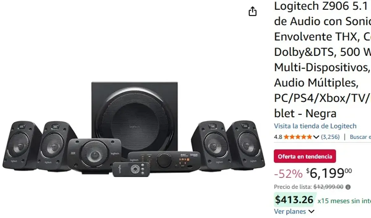 Logitech Z906 5.1 Sistema de Audio con Sonido Envolvente THX, Certificado Dolby&DTS, 500 W RMS, Multi-Dispositivos, Entradas Audio Múltiples, PC/PS4/Xbox/TV/Móvil/Tablet - Negra