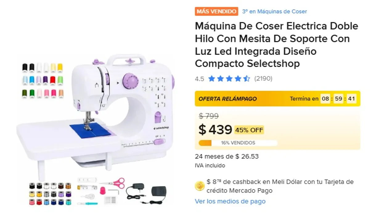 Máquina De Coser Electrica Doble Hilo Con Mesita De Soporte Con Luz Led Integrada Diseño Compacto Selectshop