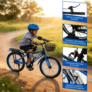 Bicicleta De Montaña Color Azul - Rodada R20 Para Niños Con Pedal Trasero, Asiento Trasero Y Cesta, Incluye Bomba, Candado, Botella, Bolsa Y Decoración De Rayos
