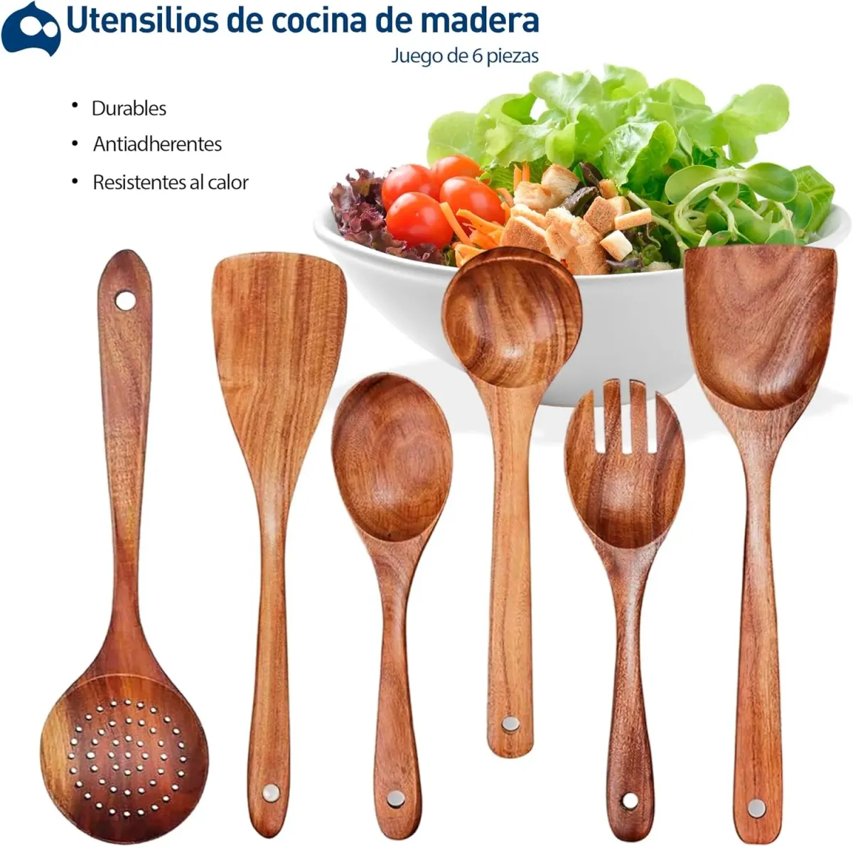 Bluelander Juego de 6 Cucharas de Cocina de Madera, Set de Utensilios de Cocina, Cucharas de Madera para Cocinar, Accesorios de Cocina Resistentes al Calor, Ideales para Sartén y Olla