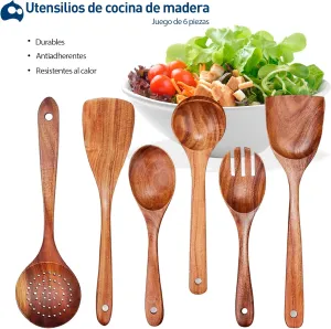 Bluelander Juego de 6 Cucharas de Cocina de Madera, Set de Utensilios de Cocina, Cucharas de Madera para Cocinar, Accesorios de Cocina Resistentes al Calor, Ideales para Sartén y Olla