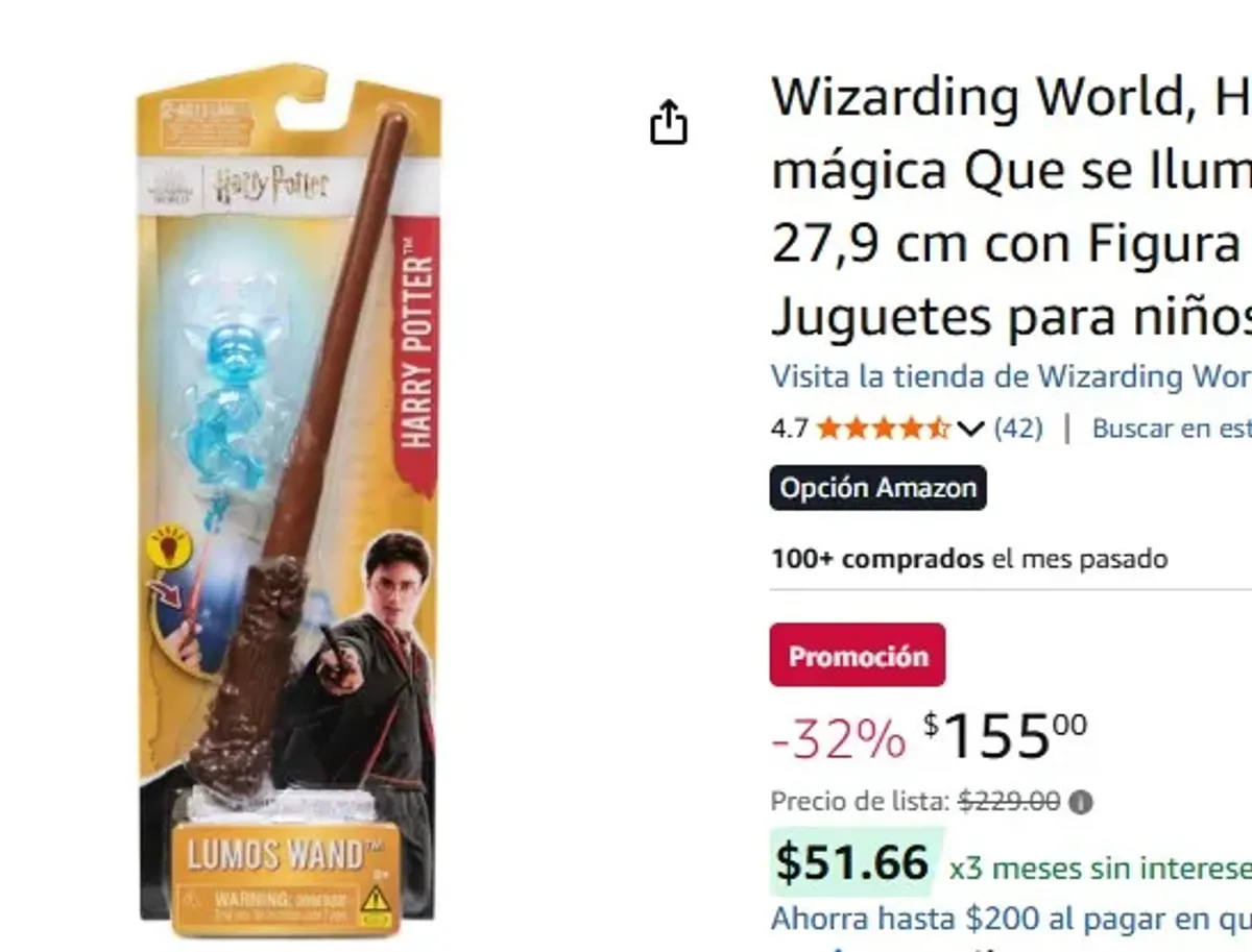 Wizarding World, Harry Potter, Varita mágica Que se Ilumina Lumos Wand de 27,9 cm con Figura de Patrono Ciervo, Juguetes para niños a Partir de 6 años