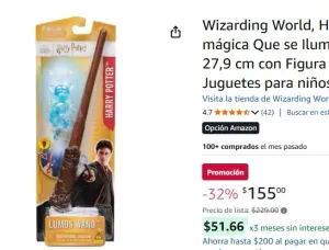 Wizarding World, Harry Potter, Varita mágica Que se Ilumina Lumos Wand de 27,9 cm con Figura de Patrono Ciervo, Juguetes para niños a Partir de 6 años