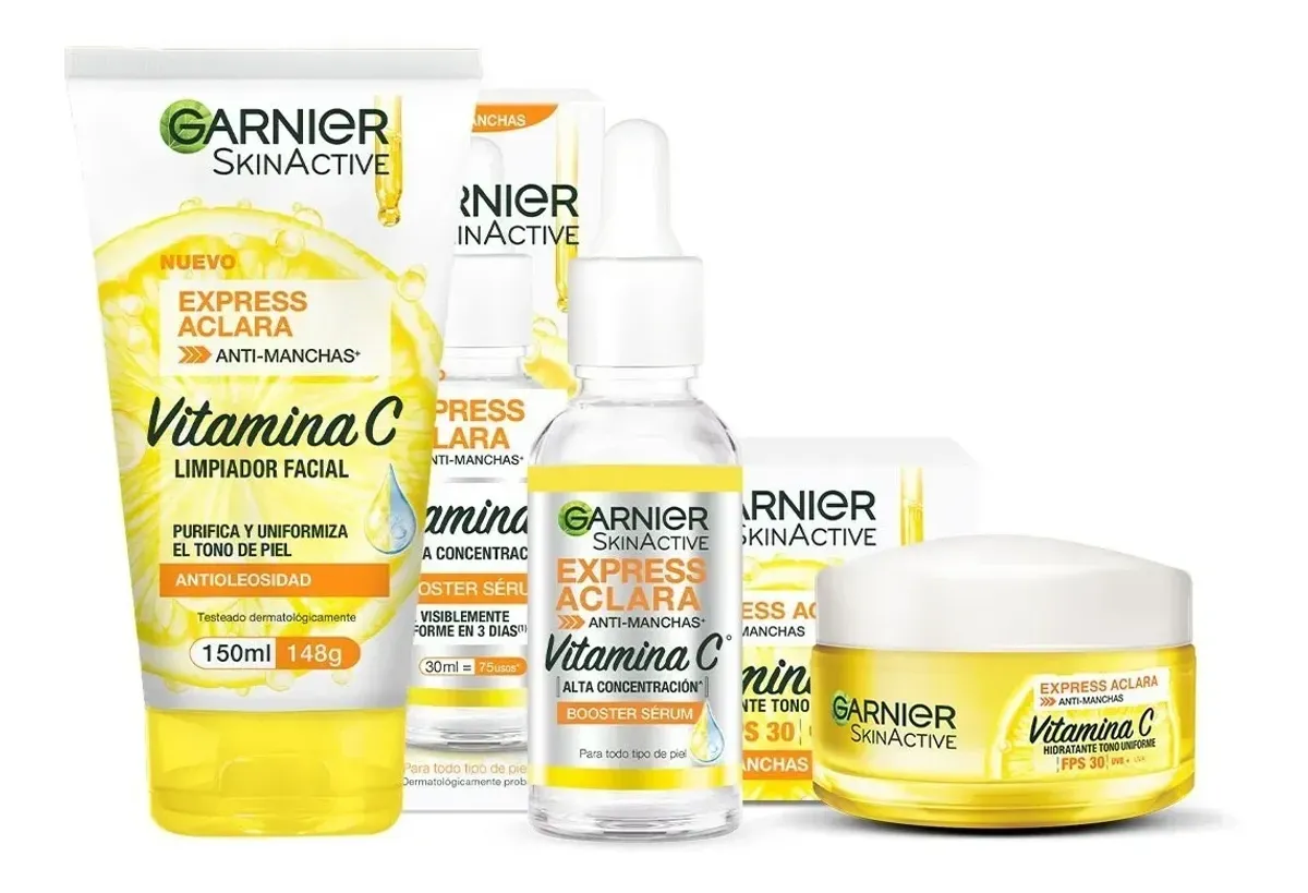 Kit Garnier Express Aclara Rutina Anti Manchas con Vitamina C, Gel Limpiador, Sérum Facial y Crema Hidratante FPS30, Hidrata, Ilumina y Unifica el Tono de la Piel