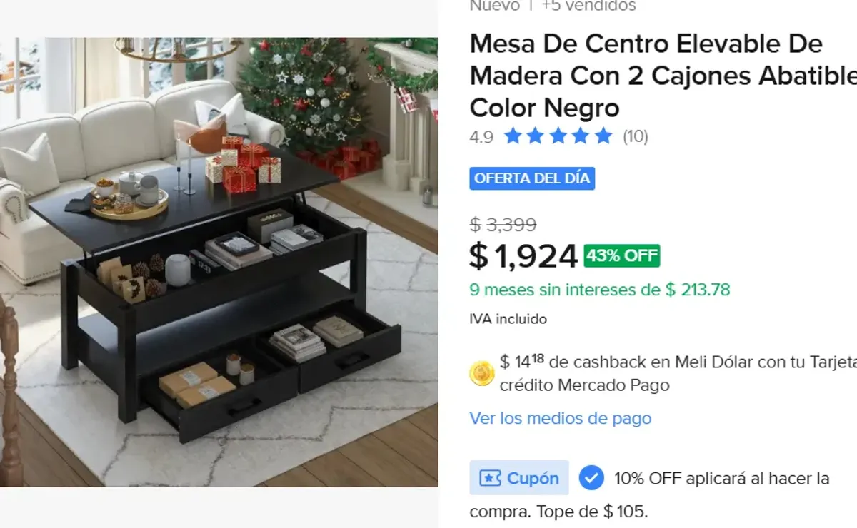 Mesa De Centro Elevable Con 2 Cajones 