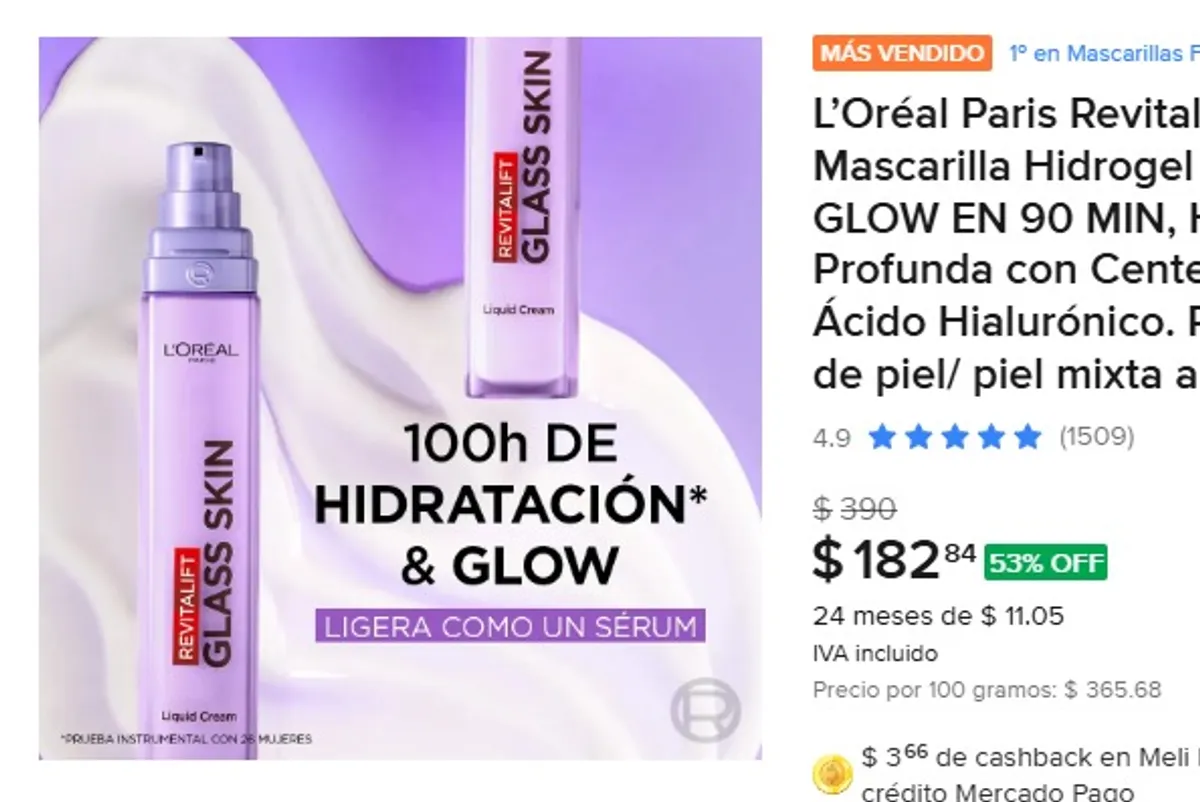 L’Oréal Paris Revitalift Glass Skin Mascarilla Hidrogel 1 pza EFECTO GLOW EN 90 MIN, Hidratación Profunda con Centella Asiática y Ácido Hialurónico. Para todo tipo de piel/ piel mixta a grasa.