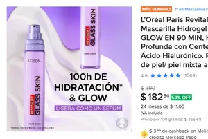 L’Oréal Paris Revitalift Glass Skin Mascarilla Hidrogel 1 pza EFECTO GLOW EN 90 MIN, Hidratación Profunda con Centella Asiática y Ácido Hialurónico. Para todo tipo de piel/ piel mixta a grasa.