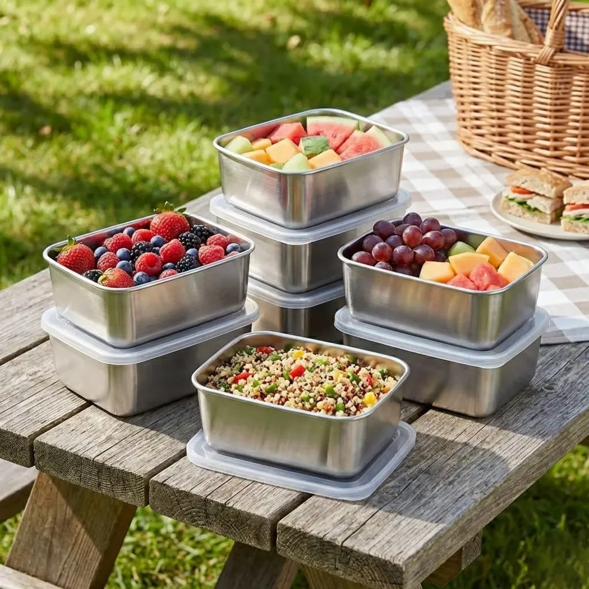 5 recipientes cuadrados de acero inoxidable con tapas, apilables, herméticos para verduras, frutas, ensaladas, carne, cocina, despensa, nevera, congelador, control de porciones de picnic al aire