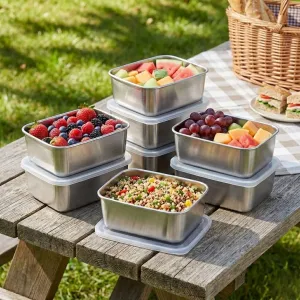 5 recipientes cuadrados de acero inoxidable con tapas, apilables, herméticos para verduras, frutas, ensaladas, carne, cocina, despensa, nevera, congelador, control de porciones de picnic al aire