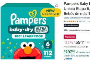 Pampers Baby Dry Pañales Desechables Unisex Etapa 6, 112 Unidades, Ideal para Bebés de más 16 Kg