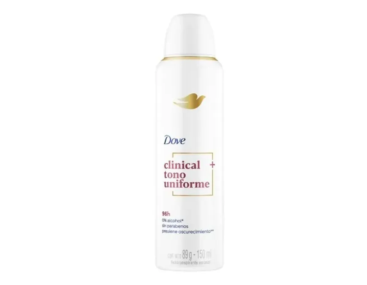 DOVE Antitranspirante en Aerosol Clinical + Tono Uniforme, desodorante para mujer con hasta 96 h de protección y prevención de manchas 150 ml