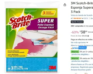 3M Scotch-Brite Paño Esponja Superabsorbente, 3 Pack