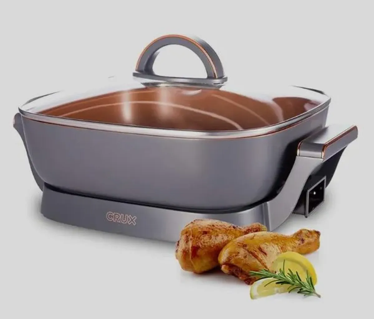CRUX - Sartén eléctrica con tapa de vidrio, sartén de cerámica antiadherente resistente a los arañazos, extra profunda con sonda de temperatura extraíble, 12 x 12 pulgadas, 1400 vatios, última