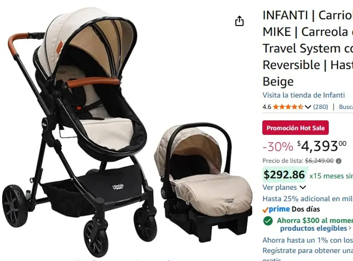INFANTI | Carriola para Bebe MIKE | Carreola con Portabebé -Travel System con Asiento Reversible | Hasta 15 kg | Color Beige