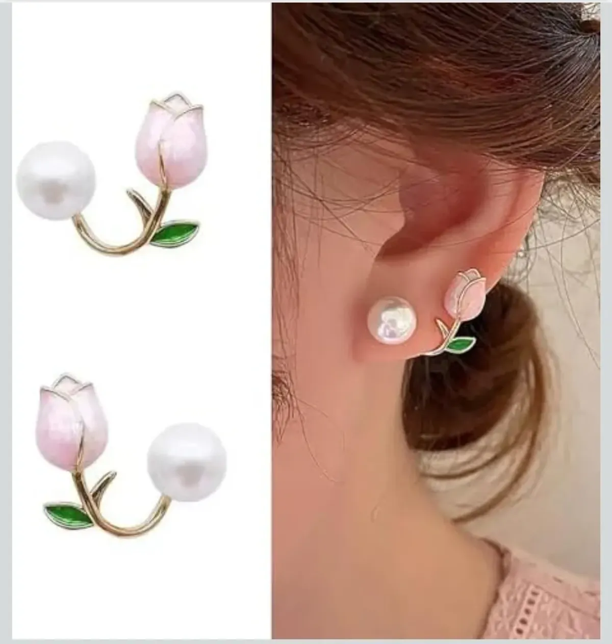 arete de tuerca rosa fresca con perlas de imitación para mujer