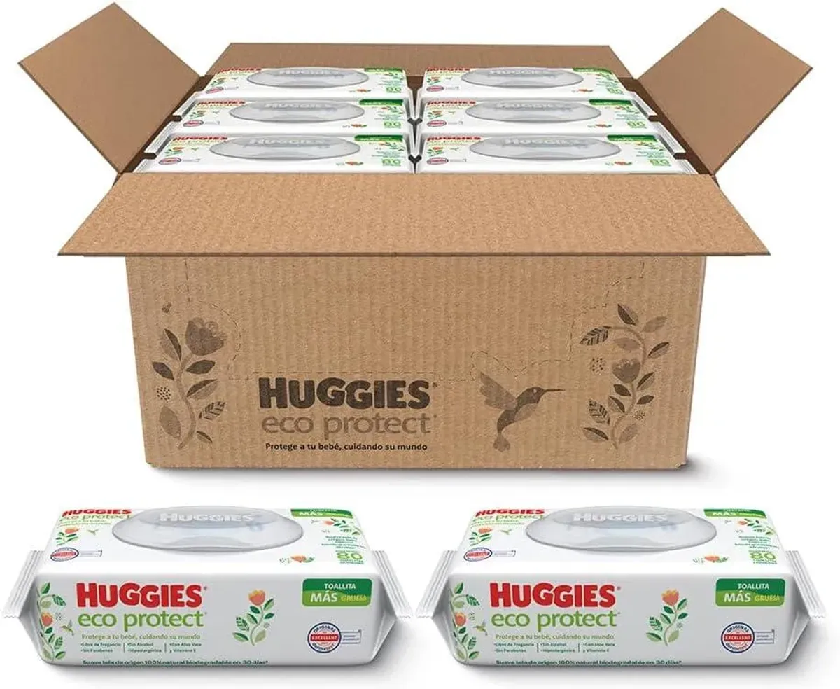 CON PLANEA Y AHORRA - Huggies Eco Protect, Toallitas Húmedas Para Bebé, Caja Con 1,440 Piezas (18 paquetes de 80 toallitas c/u)