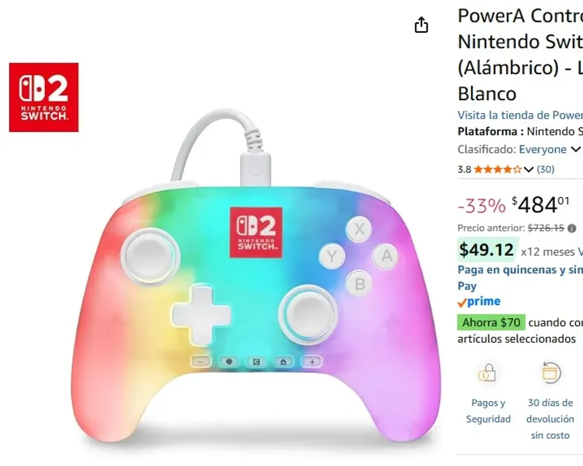 PowerA Control para Nintendo Switch 2 (Alámbrico) - Lumectra Blanco