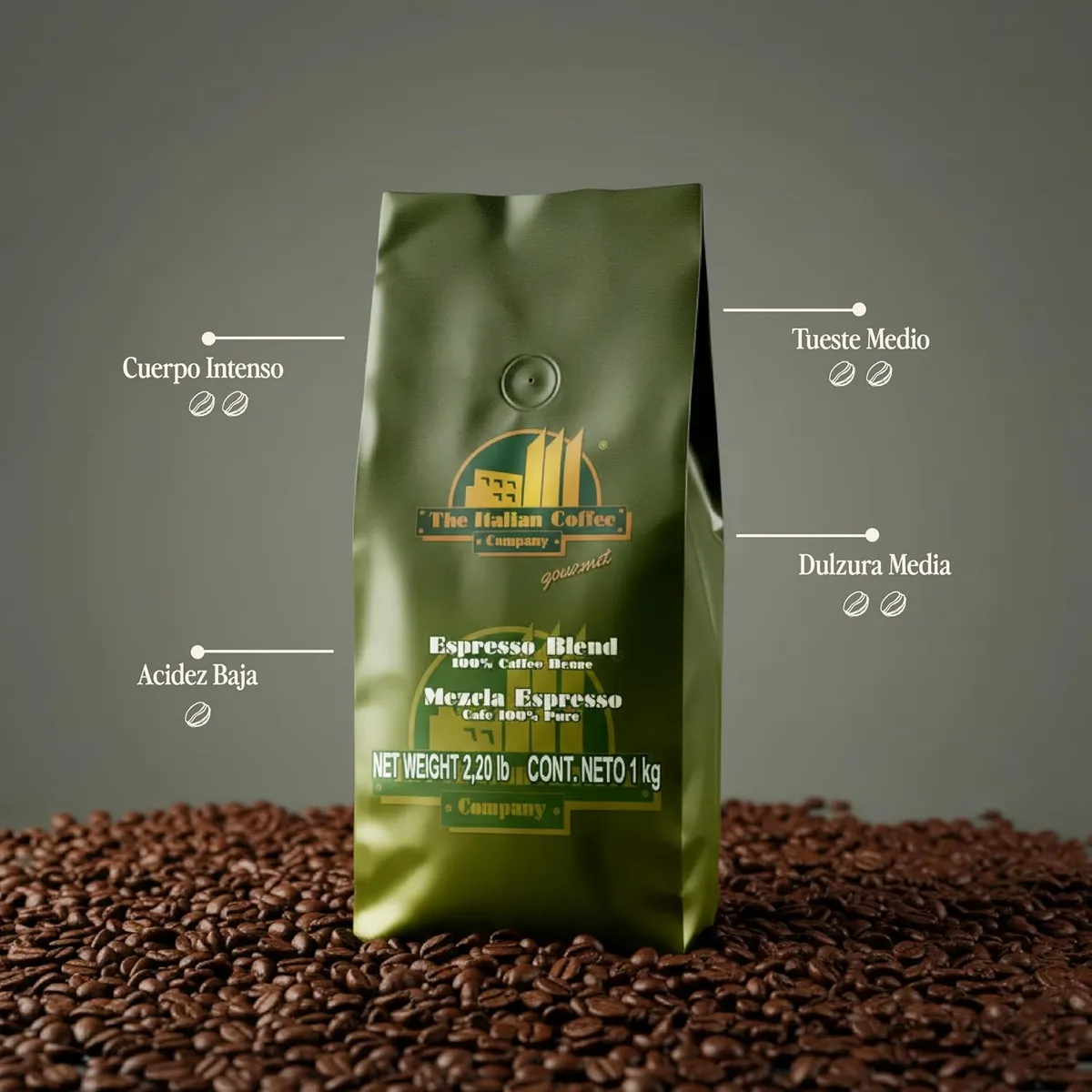 Café en grano tostado Mezcla Espresso, Bolsa 1 kilogramo - The Italian Coffee Company
