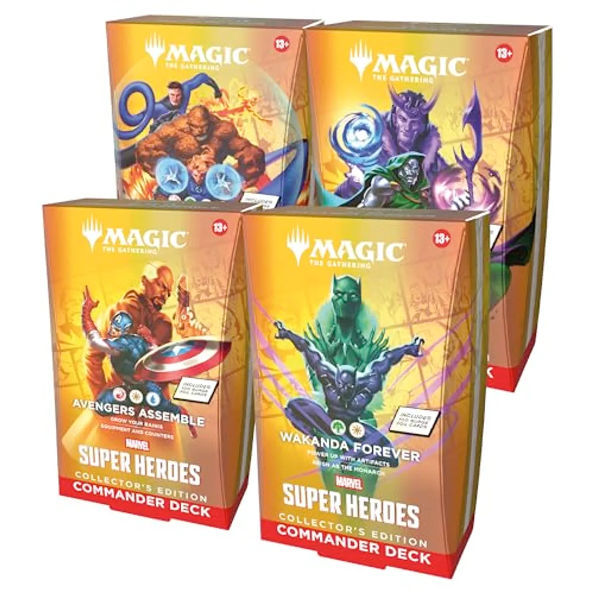 Magic: The Gathering | Marvel Super Heroes Collector's Edition Commander Deck Bundle – Incluye Las 4 Cubiertas de lámina de sobretensión (Avengers Assemble, Wakanda Forever, The Fantastic Four, Doom