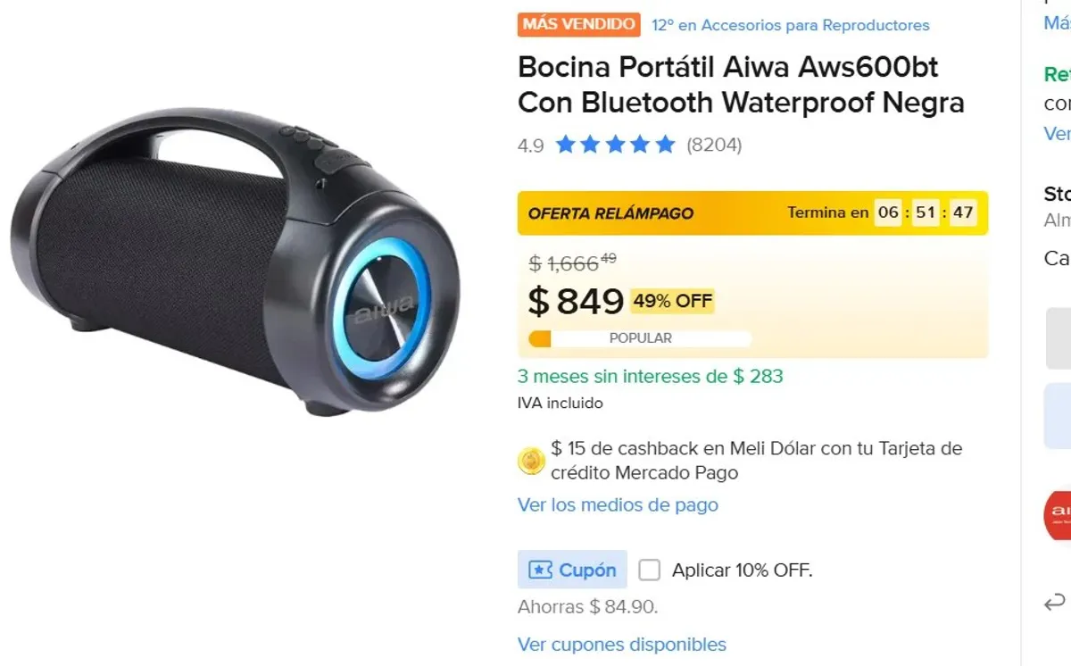 BOCINA A SOLO 849 APLICANDO CUPON!!! PRECIAZO!!! Bocina Portátil Aiwa    