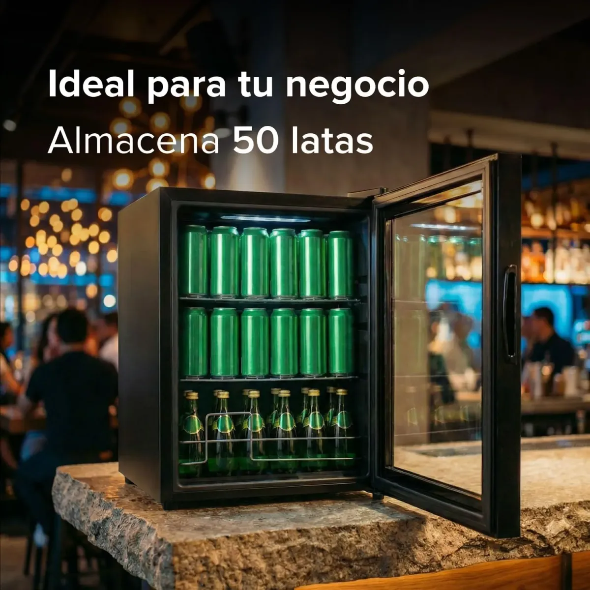 AVERA Refrigerador enfriador de bebidas 50 latas, Puerta de vidrio, Estantes removibles, Luz interior, Panel táctil, Ajuste de temperatura 3°C a 18 °C. Frigobar capacidad 46L, 1.7 pies | EBC50