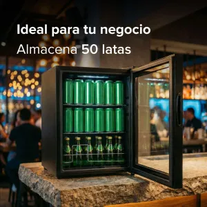 AVERA Refrigerador enfriador de bebidas 50 latas, Puerta de vidrio, Estantes removibles, Luz interior, Panel táctil, Ajuste de temperatura 3°C a 18 °C. Frigobar capacidad 46L, 1.7 pies | EBC50