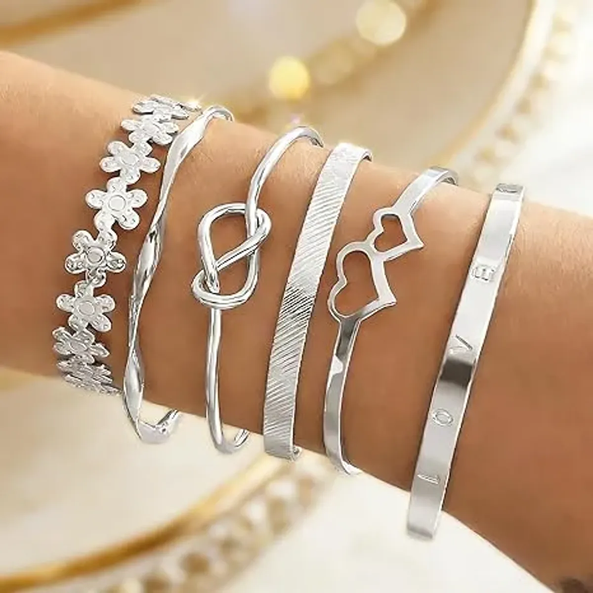 Juego de 6 pulseras apilables de plata para mujer, brazaletes ajustables y abiertos, cadena de amor con nudo de corazón, joyería de moda en capas de regalo (paquete de 1)