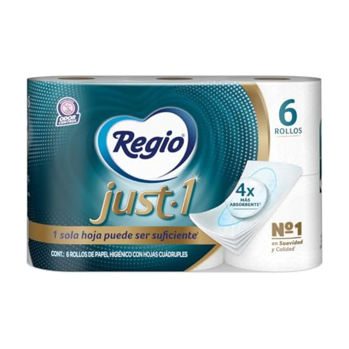 Papel Higiénico Just 1; Con Hojas Cuádruples 50% Mas Gruesas, Centro Suave; Marca Regio; 6 Rollos