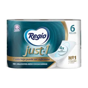 Papel Higiénico Just 1; Con Hojas Cuádruples 50% Mas Gruesas, Centro Suave; Marca Regio; 6 Rollos