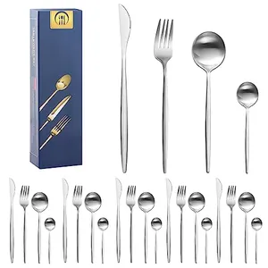 Juego De Cubiertos Para 6 Personas， Cubiertos Acero Inoxidable De 24 Piezas Incluye Cuchillos, Tenedores, Cucharas Espejo Pulido, Juego De Cubierto Para Cocina, Restaurante, Hotel , Apto Para El Lavavajillas (Plata)