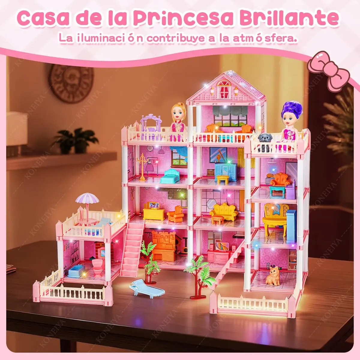 Casa de Muñecas con 4 Figuras de Juguete, Cachorros, Castillo de Princesas 4 Pisos, Kids Casa, Casita Juguete con 14 Habitaciones y Balcón, Regalos Ideal Día de Reyes para Niñas 3 Años en Adelante