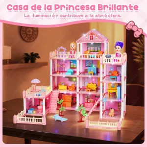 Casa de Muñecas con 4 Figuras de Juguete, Cachorros, Castillo de Princesas 4 Pisos, Kids Casa, Casita Juguete con 14 Habitaciones y Balcón, Regalos Ideal Día de Reyes para Niñas 3 Años en Adelante