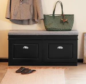 SoBuy Zapatera Banco, Negro, Cajón Abatible y Cojín, 104 * 24 * 52cm (LFA) | Entrada Recibidor Banco, de Pie, Tiradores Metálicos, MDF, Recibidor y Dormitorio, Apto para Todos, FSR64-SCH