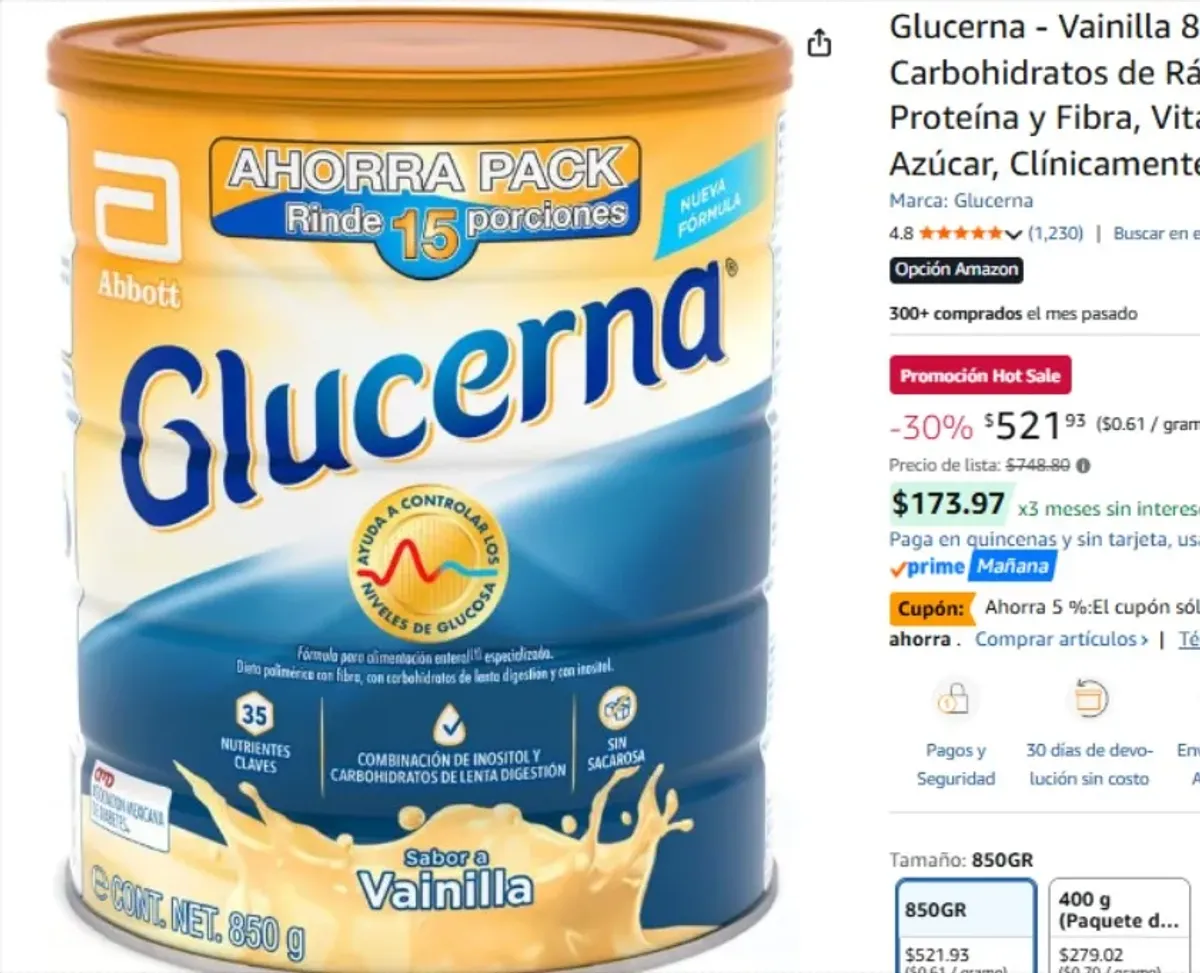 Glucerna - Vainilla 850gr, Control de Azúcar, Carbohidratos de Rápida Absorción, con Proteína y Fibra, Vitaminas y Minerales, Sin Azúcar, Clínicamente Comprobado