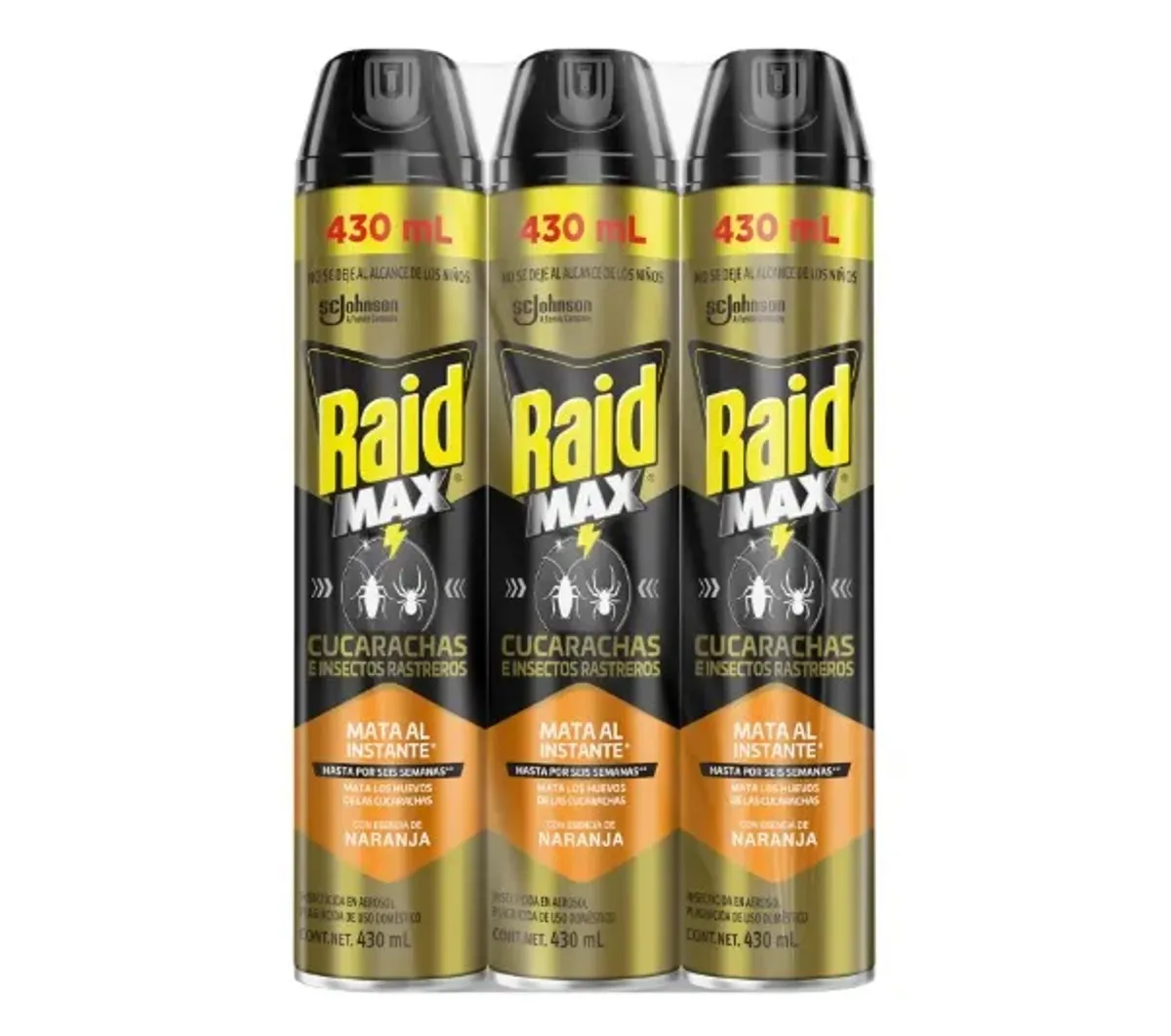 Raid Max Insecticida en Aerosol, Mata Cucarachas e Insectos Rastreros, Naranja 3 unidades de 430ml