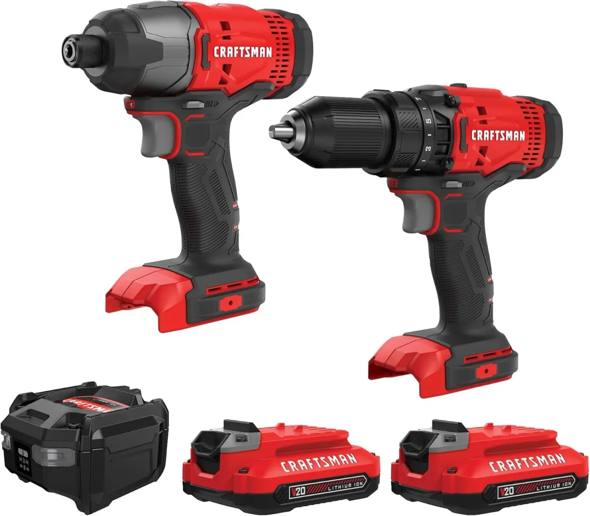 CRAFTSMAN Kit Taladro Inalámbrico y Atornillador de Impacto, 20V, Incluye 2 Baterías y Bolsa de Herramientas, CMCK200C2