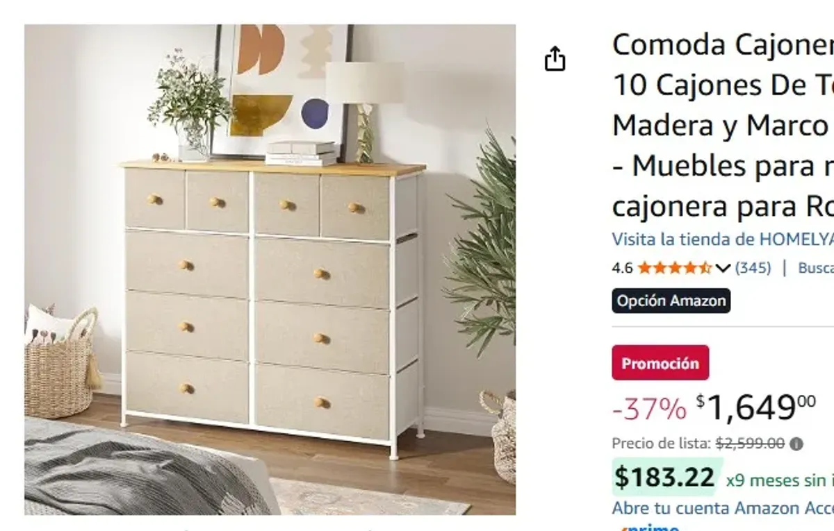 Comoda Cajonera para Recamara - 10 Cajones De Tela con Parte de Madera y Marco De Acero Plegable - Muebles para recamara con cajonera para Ropa (Beige)