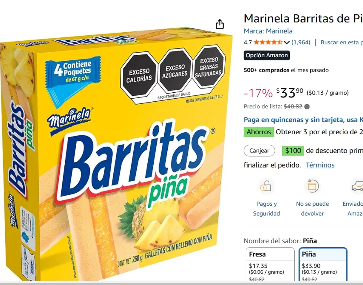 Marinela Barritas de Piña, 4 pAQUETES