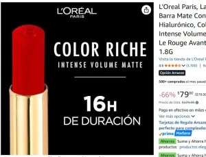 L'Oreal Paris, Labial En Barra Mate Con Ácido Hialurónico, Color Riche Intense Volume Matte |336 Le Rouge Avant-Garde, 1.8G