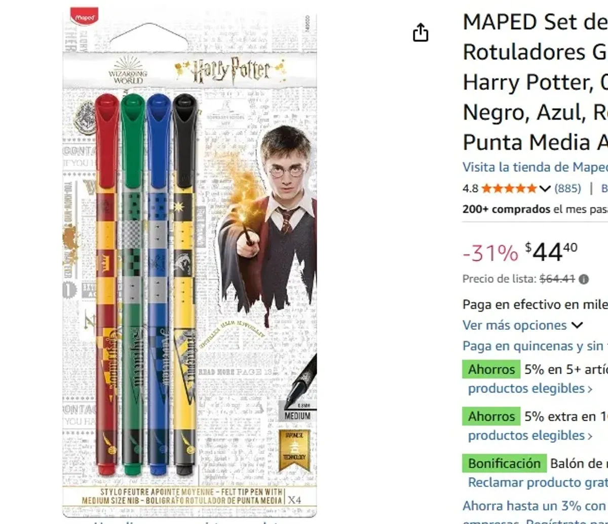 MAPED Set de 4 Rotuladores Graph’Peps Harry Potter, 0.8 mm | Negro, Azul, Rojo y Verde | Punta Media Ambidiestra