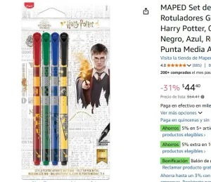 MAPED Set de 4 Rotuladores Graph’Peps Harry Potter, 0.8 mm | Negro, Azul, Rojo y Verde | Punta Media Ambidiestra