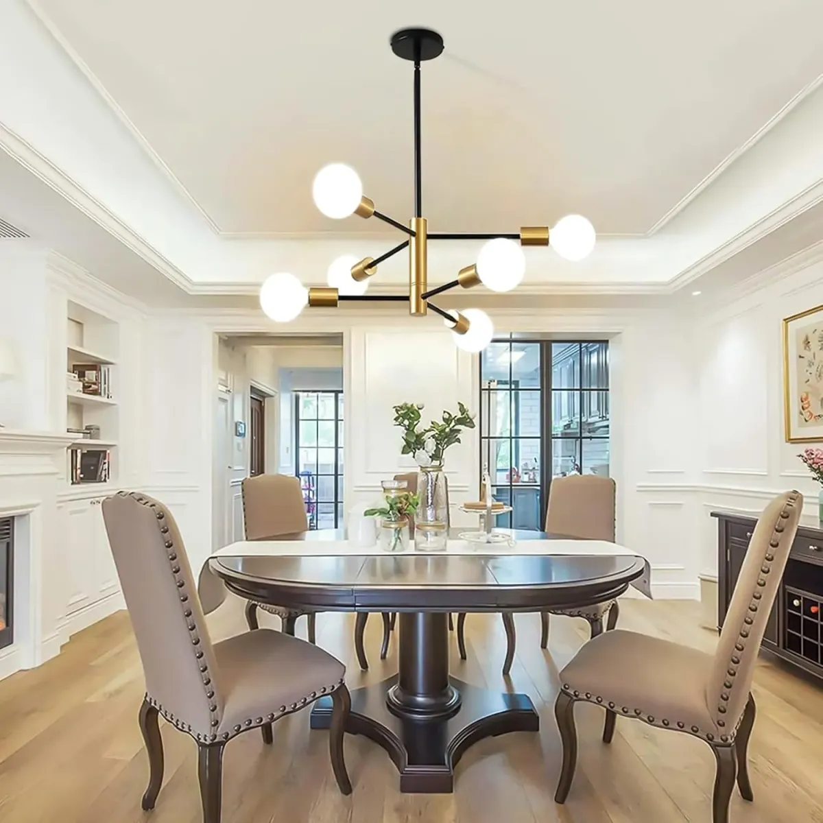 Lámpara de Techo Altura Ajustable, Candelabors de Techo de 6 Luces, Moderna Colgante Negro Y Dorado para Comedor, Dormitorio, Salón, Cocina, Entrada de Pasillo