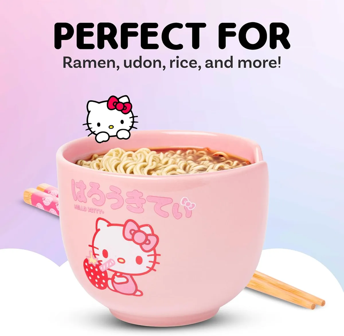 Silver Buffalo Hello Kitty - tazón de cerámica para ramen de 20 onzas con palillos | Carácter japonés, arroz con fideos, incluye palillos, apto para microondas, rosa, 0,59 litros