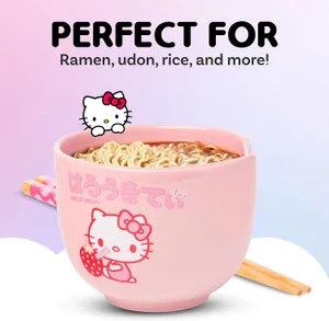 Silver Buffalo Hello Kitty - tazón de cerámica para ramen de 20 onzas con palillos | Carácter japonés, arroz con fideos, incluye palillos, apto para microondas, rosa, 0,59 litros