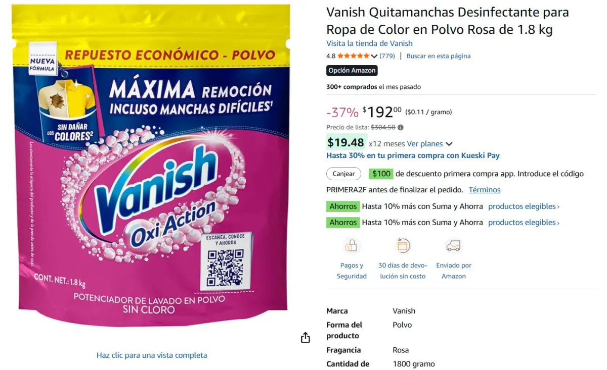 Quitamanchas Desinfectante para Ropa de Color en Polvo Rosa de 1.8 kg